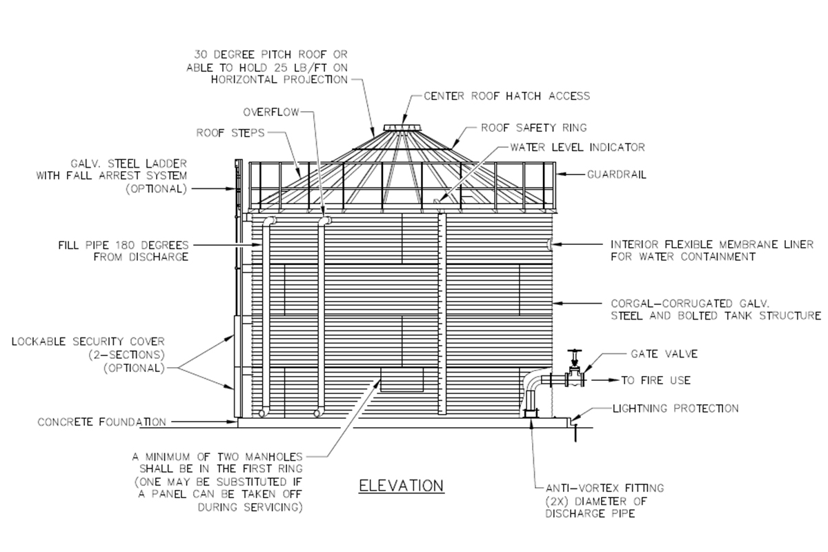 Water-Storage-Tanks-Inc_Blog-Image_CorGal_NFPA-22-Fire-Protection-Tank-Drawing_JPG_1200x800 Drawing of an NFPA 22 equivalent corrugated bolted steel water storage tank rated for fire protection and fire suppression. As the intellectual property of Water Storage Tanks, Inc., this image is subject to copyright.